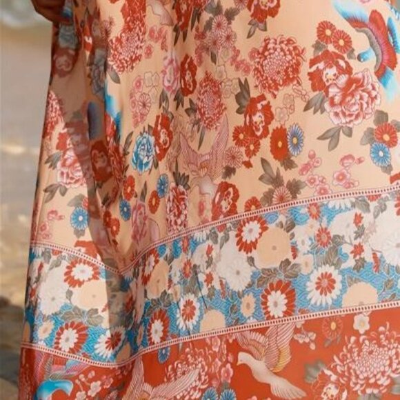 Half Sleeves Cover Up Shirt, V Neck Loose Fit Floral Print Beachwear Kimono, Boh - Picture 4 of 5